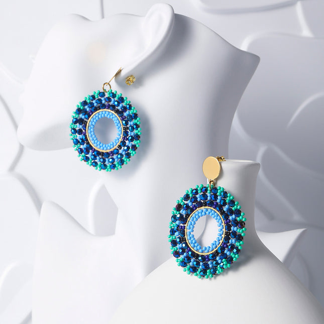 Aretes Largos Acero Bohemios Con Cuentas Azul Verdosas Y Diseño Redondo