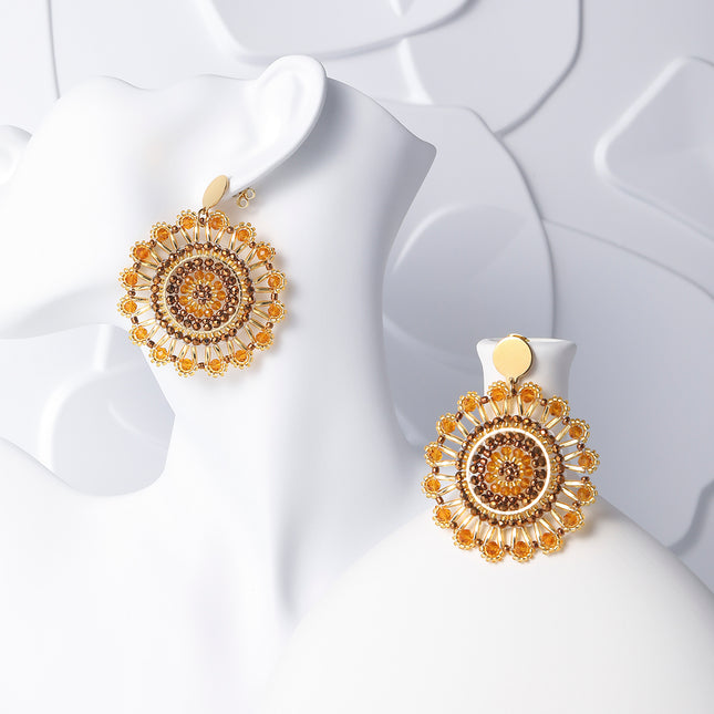 Aretes Largos Estilo Bohemios De Cuentas Con Diseño De Girasol