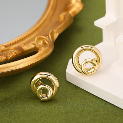 Aretes Oro De 14K Geométricos En Espiral, Estilo Simple Para Mujer