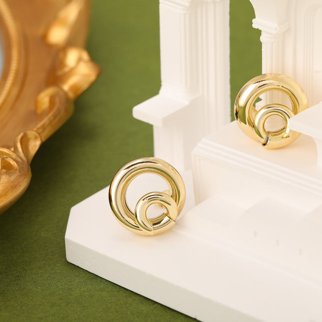 Aretes Oro De 14K Geométricos En Espiral, Estilo Simple Para Mujer