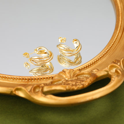 Aretes De Cobre Con Diseño Cruzado De Rayas, Baño De Oro 18K