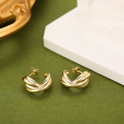 Aretes De Cobre Con Diseño Cruzado De Rayas, Baño De Oro 18K