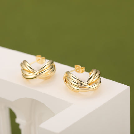 Aretes De Cobre Con Diseño Cruzado De Rayas, Baño De Oro 18K