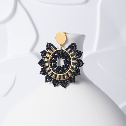 Aretes Largos Bohemios Con Flor Tejida De Cuentas Negras, Acero Inoxidable