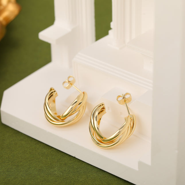 Aretes De Cobre Con Diseño Cruzado De Rayas, Baño De Oro 18K