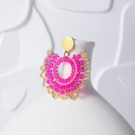 Aretes De Acero Inoxidable Bohemios Con Flor Rosa Tejidos Con Cuentas