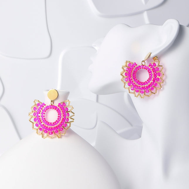 Aretes De Acero Inoxidable Bohemios Con Flor Rosa Tejidos Con Cuentas