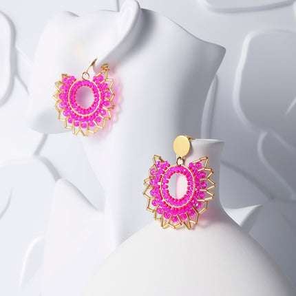Aretes De Acero Inoxidable Bohemios Con Flor Rosa Tejidos Con Cuentas