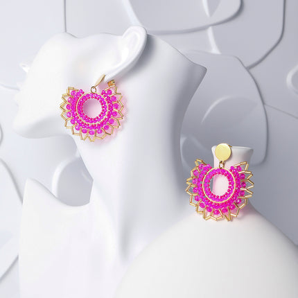 Aretes De Acero Inoxidable Bohemios Con Flor Rosa Tejidos Con Cuentas