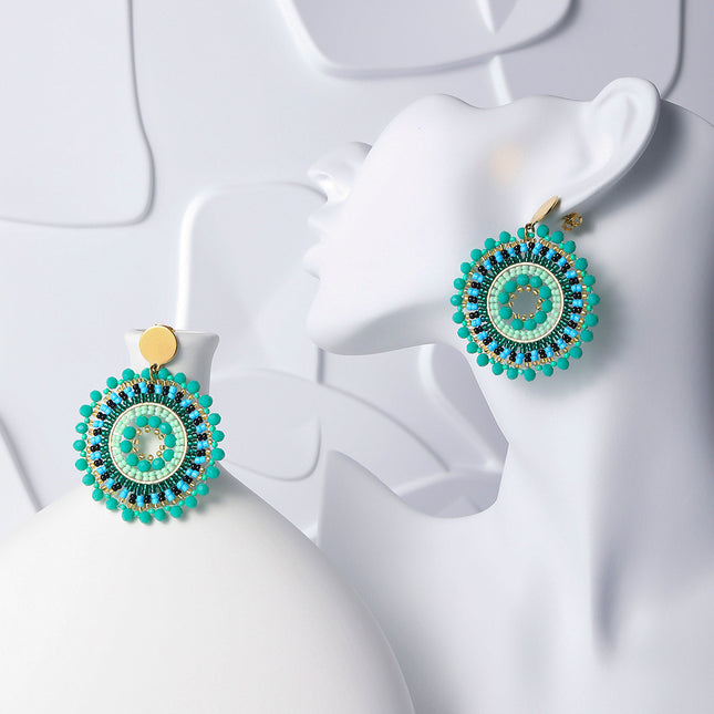 Aretes Largos Bohemios Con Cuentas Tejidas, Acero Inoxidable