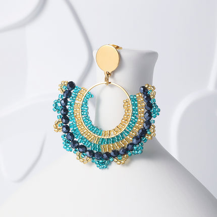 Aretes Bohemios Azul Pavo Real Forma Semicircular y Estilo Únic