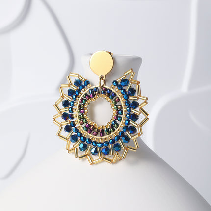 Aretes Largos De Acero Forma De Flor Colorida Tejidos Con Cuentas Bohemio