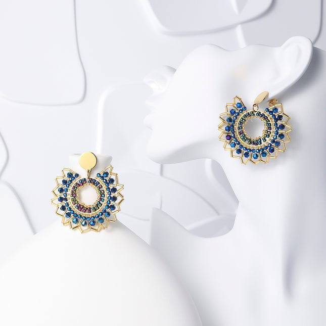Aretes Largos De Acero Forma De Flor Colorida Tejidos Con Cuentas Bohemio