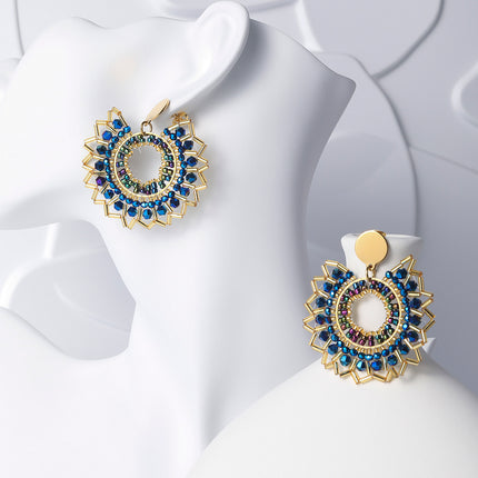 Aretes Largos De Acero Forma De Flor Colorida Tejidos Con Cuentas Bohemio
