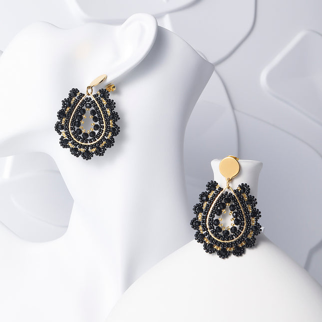 Aretes Bohemios De Gota Con Cuentas Negras Tejidas, Acero Inoxidable