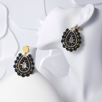 Aretes Bohemios De Gota Con Cuentas Negras Tejidas, Acero Inoxidable