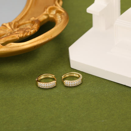 Aretes De Doble Fila Con Zirconia Pendientes Cobre Chapado Oro 14K
