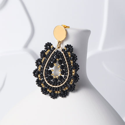Aretes Bohemios De Gota Con Cuentas Negras Tejidas, Acero Inoxidable