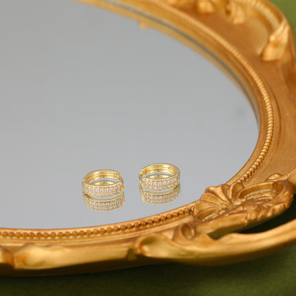 Aretes De Doble Fila Con Zirconia Pendientes Cobre Chapado Oro 14K