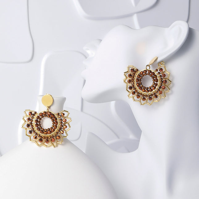 Aretes Bohemios Retro De Girasol Tejidos Con Cuenta De Semillas