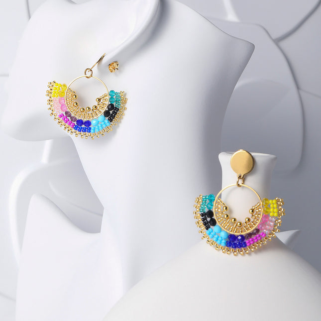 Aretes Bohemios De Cuentas Multicolor Con Diseño Circular Acero Inoxidable