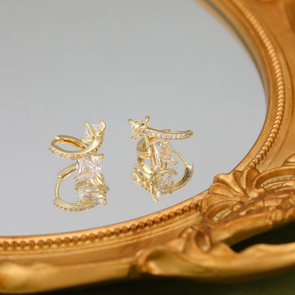 Aretes De Cobre Con Doble Zirconia, Diseño Elegante Con Baño Oro 18K