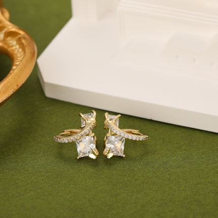 Aretes De Cobre Con Doble Zirconia, Diseño Elegante Con Baño Oro 18K