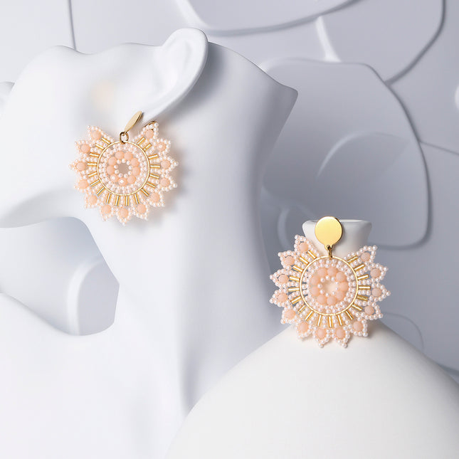 Aretes Largos Bohemios De Acero Inoxidable Con Cuentas Rosa Y Blancas