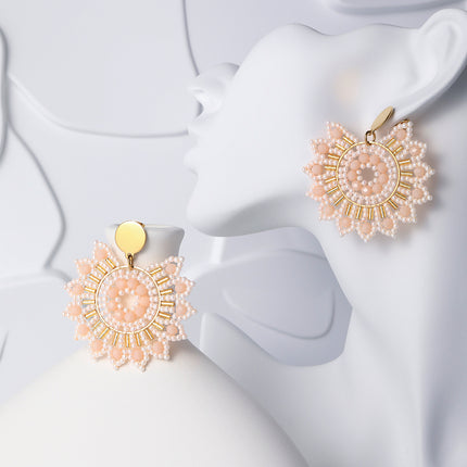 Aretes Largos Bohemios De Acero Inoxidable Con Cuentas Rosa Y Blancas