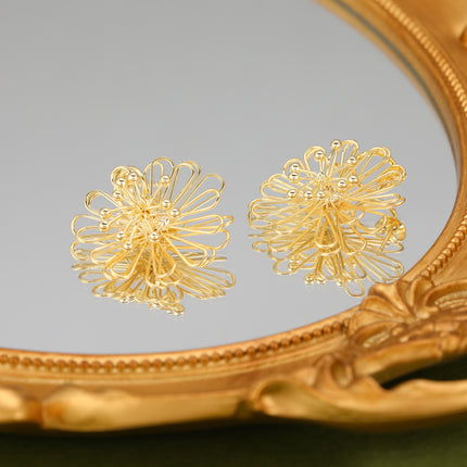 Aretes Cobre De Flor Solar Dorada, Diseño Metálico Exagerado