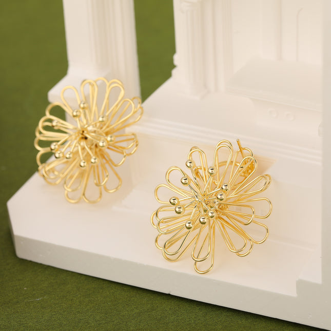 Aretes Cobre De Flor Solar Dorada, Diseño Metálico Exagerado