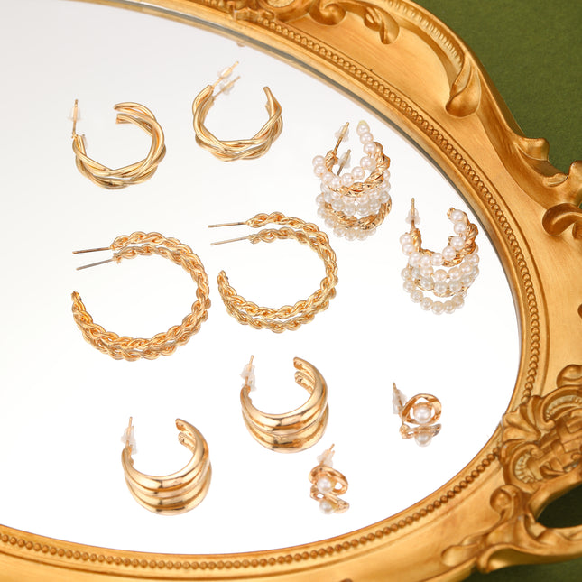 Aretes Con Perlas Artificiales Y Aros Metálicos Pendientes Aleación Set