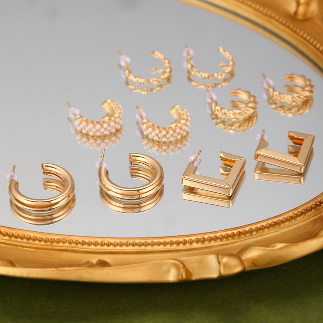 Aretes Geométricos Con Diseño De Trenza Y Aros Lisos En Aleación Set