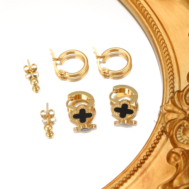 Aretes Chapado En Oro Con Aros Y Flor De Cuatro Hojas Diseño Elegante