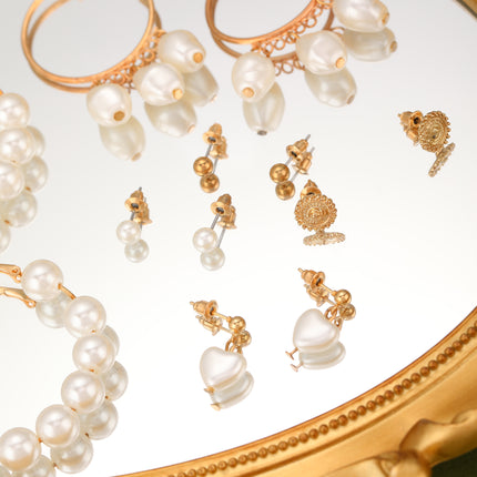 Aretes De Corazón Con Perlas Diseño En Aleación Elegante Set