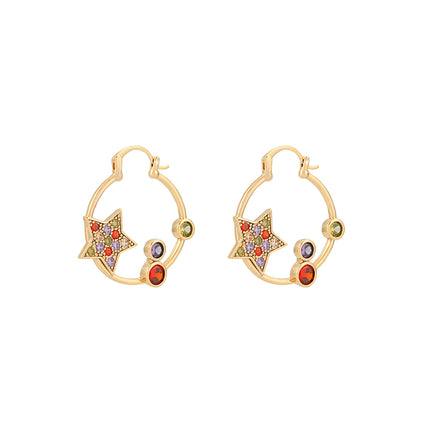 Aretes Arracadas Con Estrella De Colores Y Círculo De Zirconia En Cobre