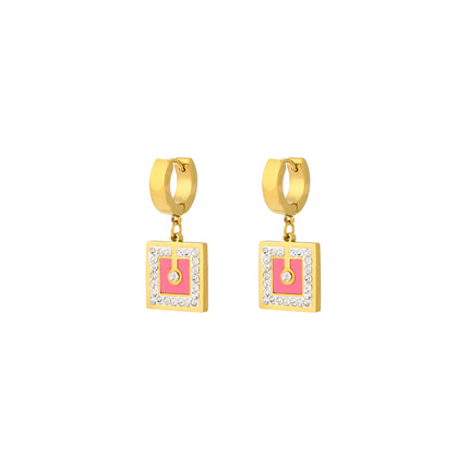 Aretes Con Colgante Cuadrado Incrustado De Circón Brillantes En Acero