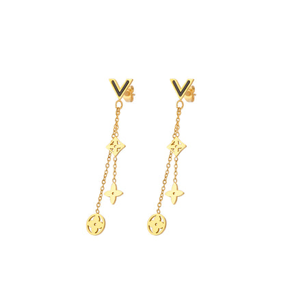 Aretes Largos En Acero De Trébol Hueco Con Flecos, Diseño Dorado