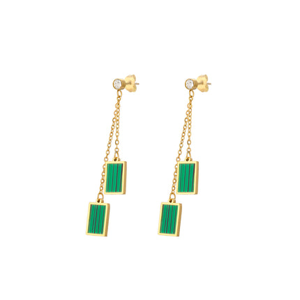 Aretes Largos De Acero Retro Con Diseño De Cuadro Verde Y Rayas