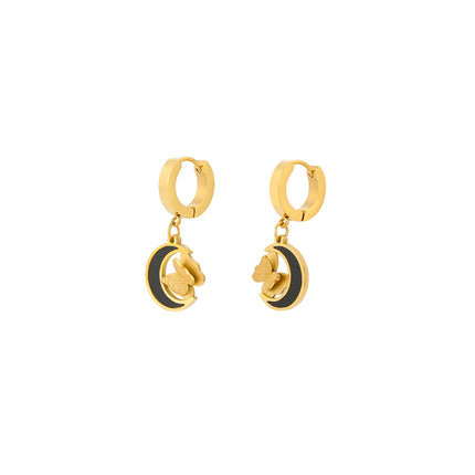Aretes De Acero Con Colgante De Luna Negra Y Mariposa Flotante