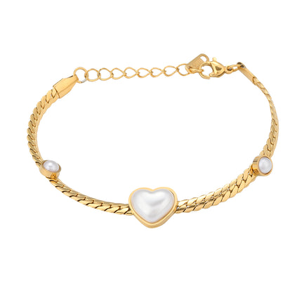 Pulsera De Corazón Con Concha Blanca, Acero Chapado En Oro 14K