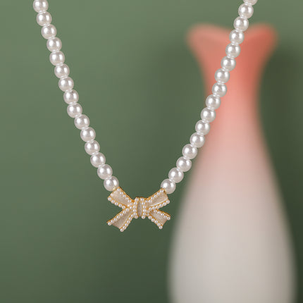 Collar De Estilo Francés De Perlas Blancas Elegante Con Lazo De Lujo Leve De Moda