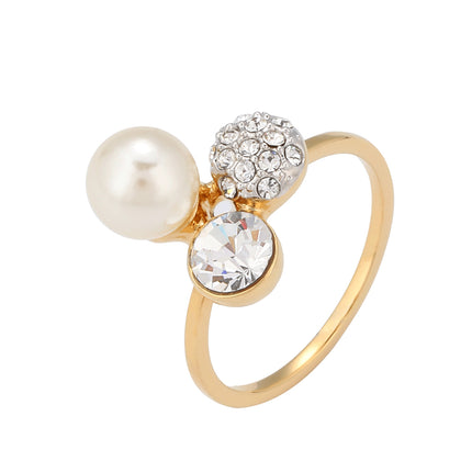 Anillo Diamantes De Zirconia Con Perlas Incrustadas En Aleación Chapado En Oro 14K