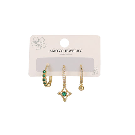 Aretes De Latón Con Elegantes Incrustaciones De Zirconia Verde Set