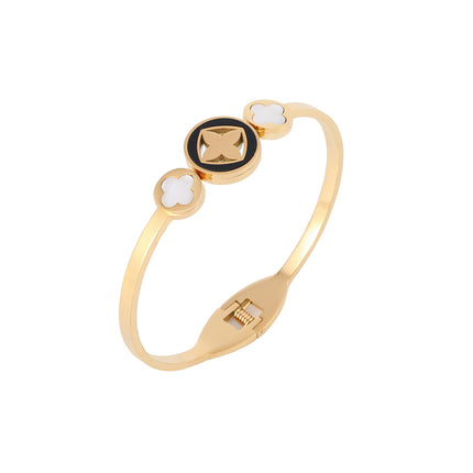 Pulsera Brazalete De Acero Inoxidable Con Trébol Liso y Discos