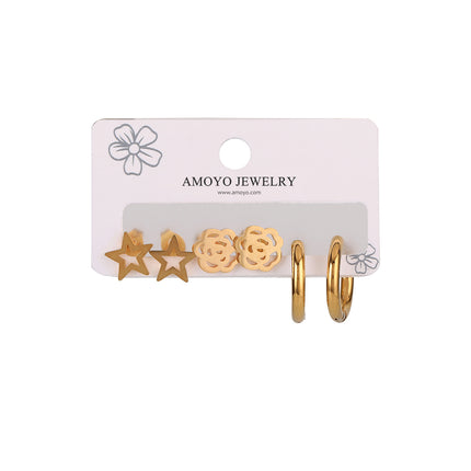 Set De Aretes Con Estrella, Flor Y Aros Diseño En Baño De Oro Elegante