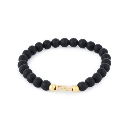 Pulsera De Cuentas De Piedra Negra Con Detalles Dorados, Estilo Elegante