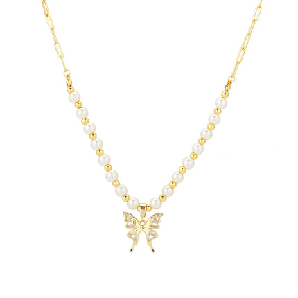 Collar De Lujo Leve De Acero Inoxidable Con Perlas Con Colgante De Mariposa De Moda