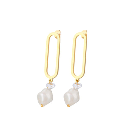 Aretes De Acero Con Ovalo Hueco, Colgante De Diamante Y Perla Artificial
