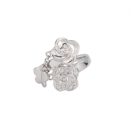 Anillo Con Diseño Colgante De Mariposa Y Rosa Con Diamantes De Zirconia En Aleación Chapado En Plata